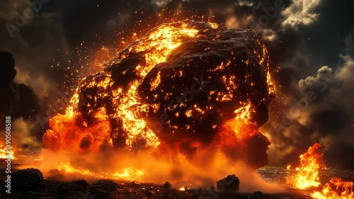 Massive Fiery Eruption with Molten Rocks and Explosive Fire Clouds in a Dramatic Atmospheric Scene