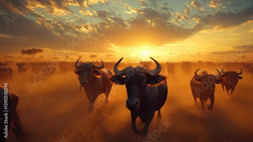 Herd of Cattle Grazing Amidst Dusty Landscape During Sunset in Rural Africa