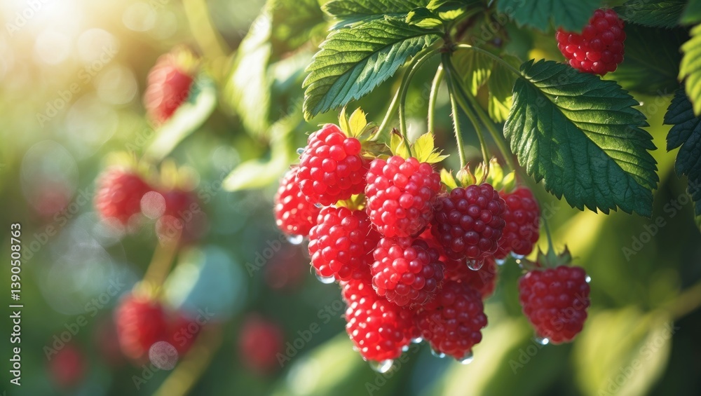 Summer harvest of sweet, tasty berries. Raspberry bush with large, vibrant, perfectly shaped berries. Raspberry species. Agriculture and cultivation of ideal raspberries in home gardens.