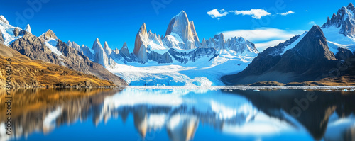 Majestic Patagonia landscape featuring Mount Fitz Roy, crystal-clear glacial lake reflection, snow-covered Andes peaks, and vibrant blue skies in Los Glaciares National Park
