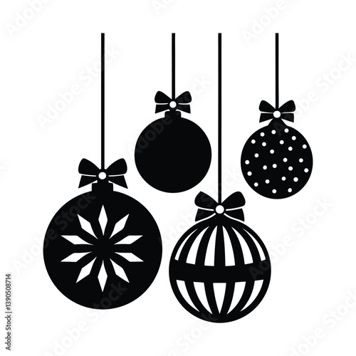 hanging Christmas ornaments with bows and ribbons in vector style