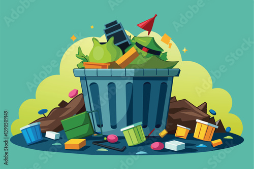 A cartoon-style trash can brims with assorted waste materials including bottles, wrappers, and discarded items, creating an engaging visual on a cheerful background.