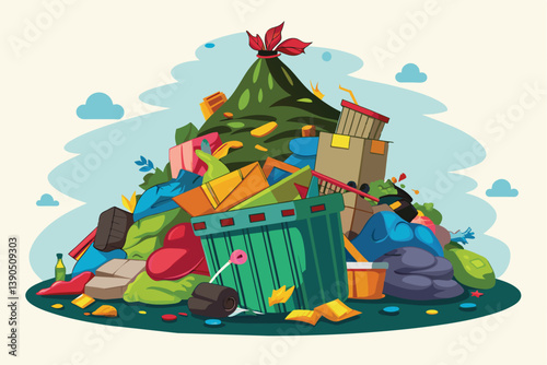 A chaotic mound of trash, featuring colorful bins and assorted waste, creates a striking visual that highlights the issue of waste management in an imaginative setting.