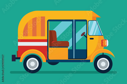 A cheerful auto rickshaw stands still against a lively backdrop, representing a common mode of transport in busy urban areas during the day.