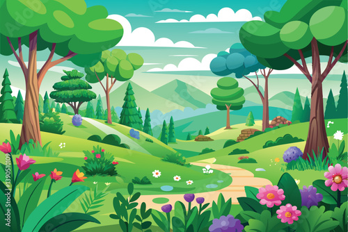 This serene landscape features rolling hills adorned with vibrant flowers and tall trees, creating a peaceful atmosphere set against a backdrop of distant mountains.