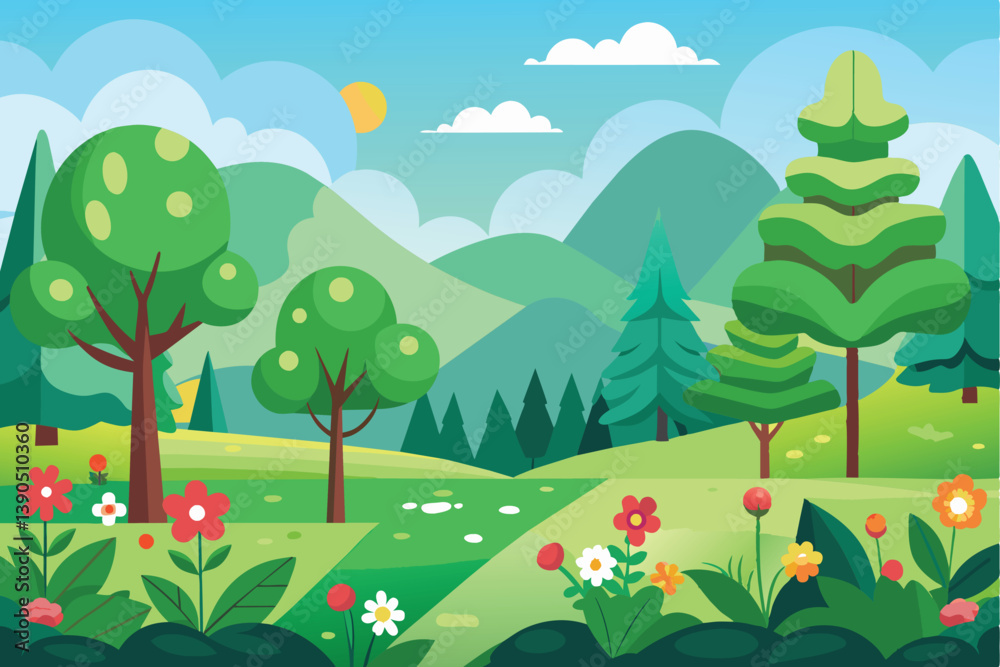 Obraz premium This delightful landscape showcases green trees and vibrant flowers set against rolling hills, all brightened by a cheerful sun in a clear blue sky.