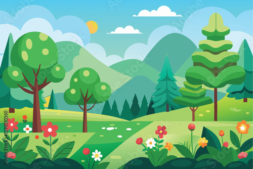 This delightful landscape showcases green trees and vibrant flowers set against rolling hills, all brightened by a cheerful sun in a clear blue sky.