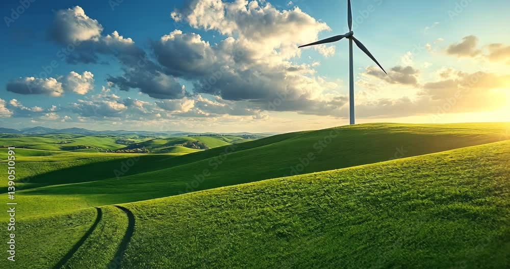 Green energy wind turbine in a field at sunset, promoting sustainability.