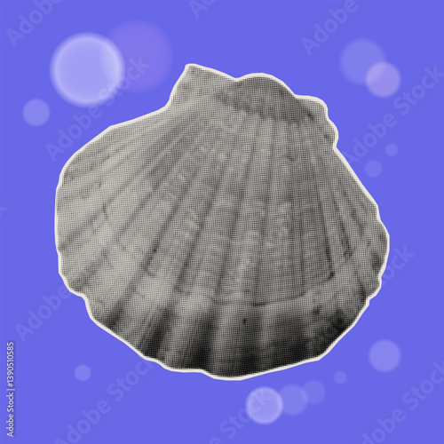 Seashell, sea life, underwater. Shell in sea, ocean or aquarium. Coastal wildlife, tropical conch. Contemporary collage art. Vector illustration.