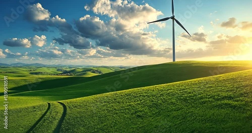 Green energy wind turbine in a field at sunset, promoting sustainability.