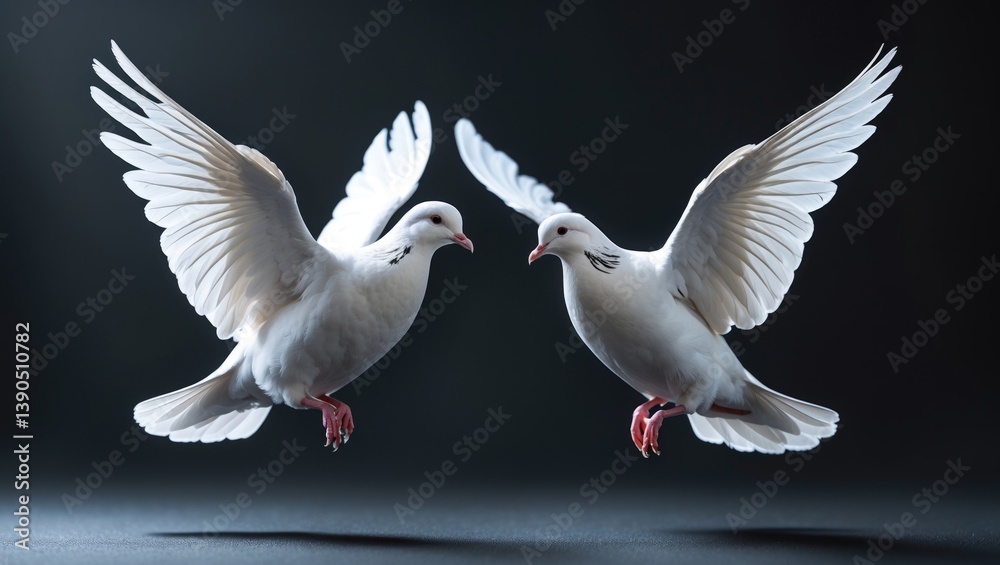 Obraz premium Two white doves soaring against a black backdrop.