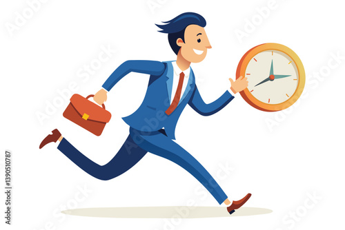 A smiling businessperson in a blue suit rushes with a briefcase in one hand and a clock in the other, embodying the hustle and urgency of modern work culture.