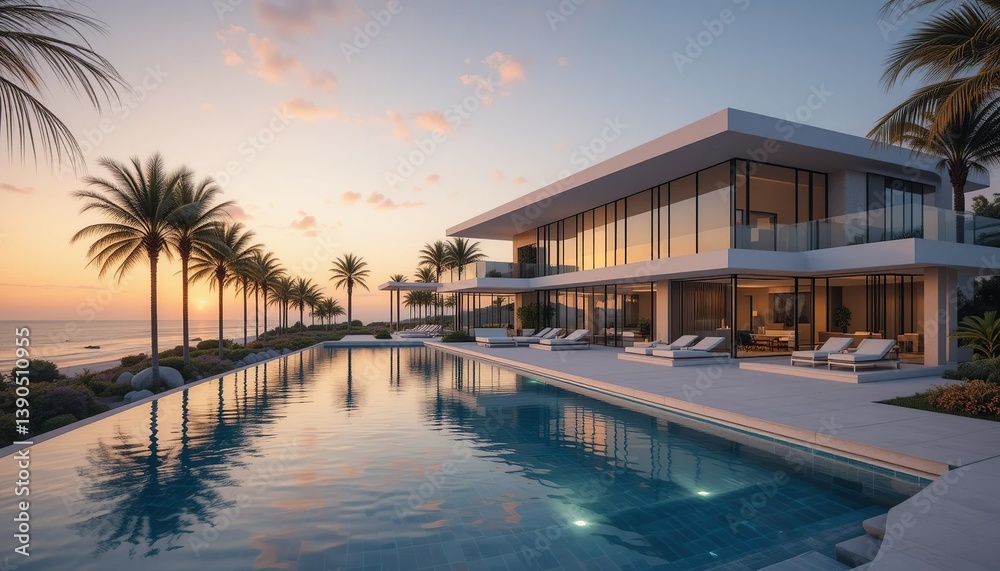 Obraz premium Luxury oceanfront villa with pool at sunset. Palms, clear water and modern design create a dreamy vacation paradise.