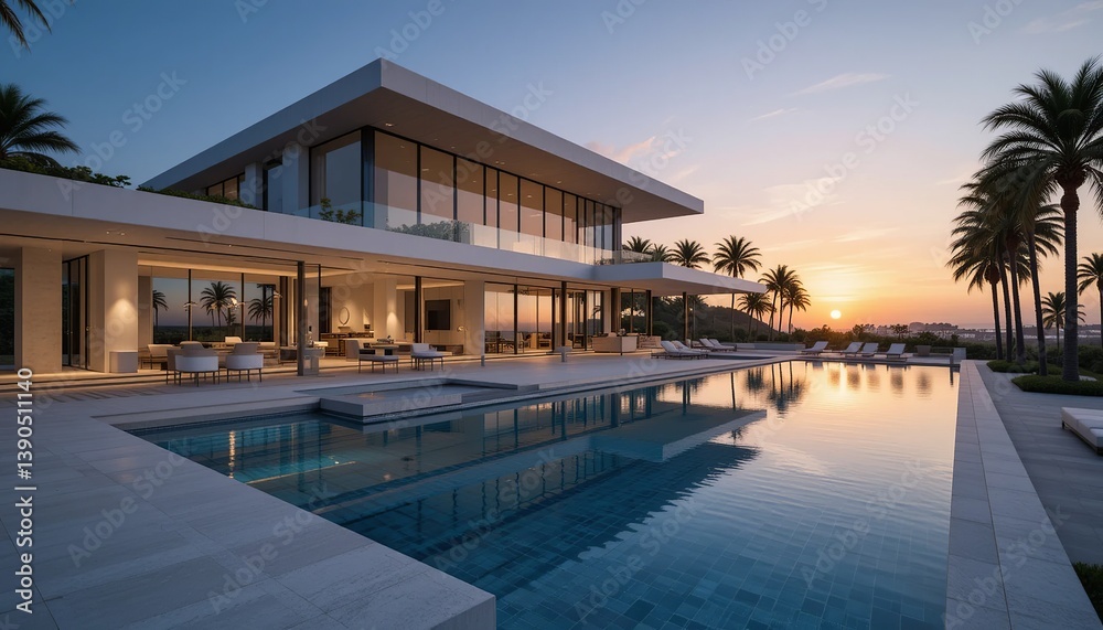 Fototapeta premium Luxury villa overlooking a pool during sunset, offering scenic views, minimalist design, and refined taste