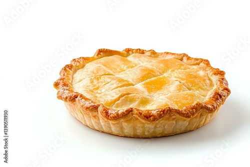 Golden flaky pie crust with lattice top pattern on white background, homemade baked pastry with crispy edges and buttery texture, isolated for food design.