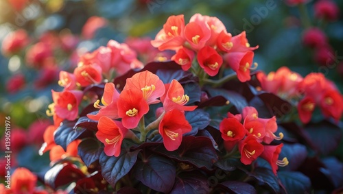 Tuberous begonia flowers displaying red petals.