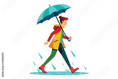A cheerful individual strolls through puddles with a bright umbrella, dressed in a colorful raincoat, enjoying the rainy weather in an urban area.