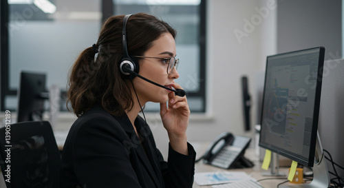 A focused young professional wearing glasses intently listens during a crucial business call, showcasing her dedication and expertise with a sleek headset and modern office setting. photo