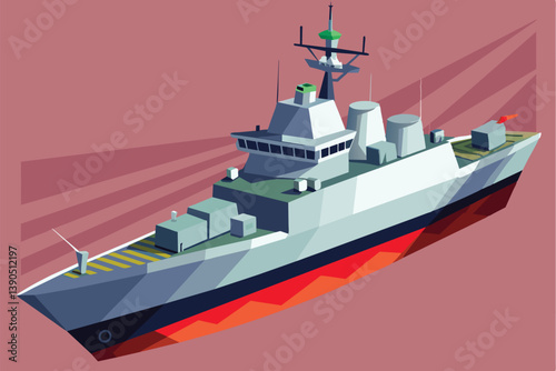 A sleek naval destroyer is depicted sailing smoothly with a clear sky above, showcasing its advanced weaponry and strategic design features.