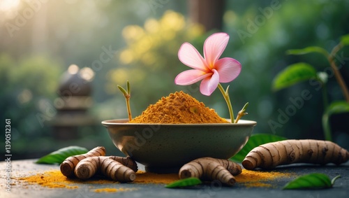 Turmeric rhizomes and powder possess medicinal properties. photo