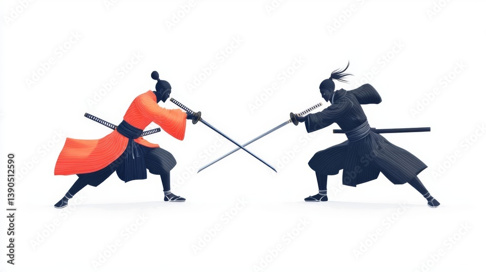 Fototapeta premium Traditional samurai warriors engage in a duel, showcasing skill and heritage with swords in a dynamic pose.