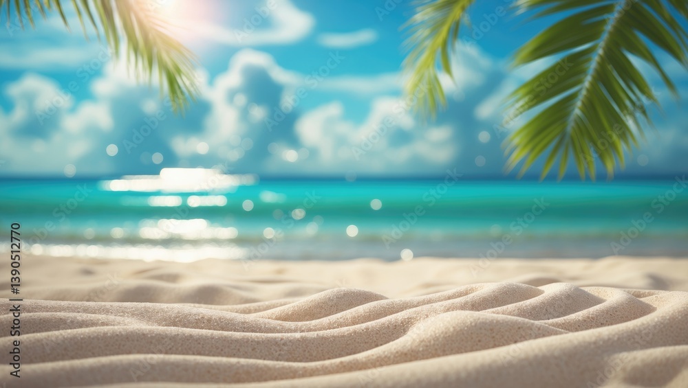 Fototapeta premium Tropical white sand beach backdrop featuring a green palm leaf.