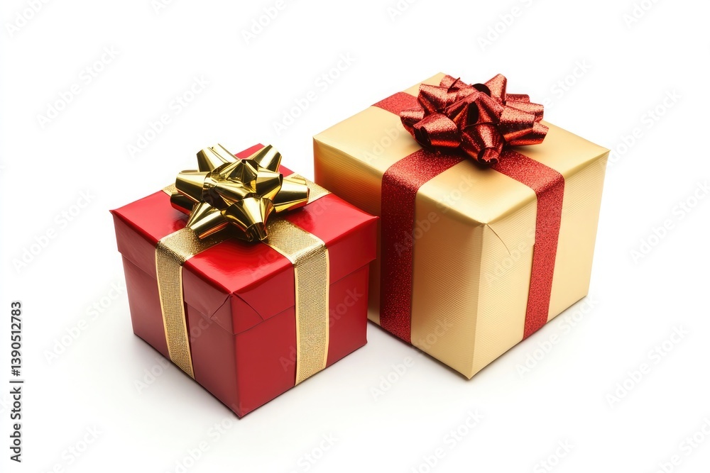 Two wrapped gifts with bows a red one and a gold one on a white background studio shot close up view Two wrapped gifts with bows a red one and a gold one on a white background studio shot close up view