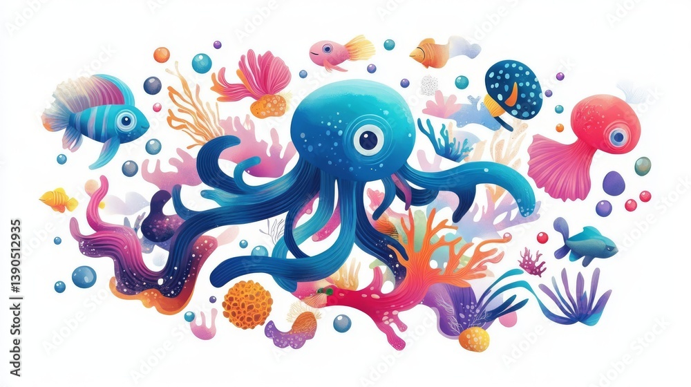 A vibrant underwater scene featuring an octopus, colorful fish, and lively corals, showcasing ocean biodiversity. A vibrant underwater scene featuring an octopus, colorful fish, and lively corals, showcasing ocean biodiversity.