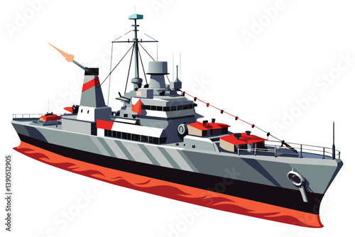 A military naval vessel navigates through serene waters under clear skies, highlighting advanced design and vivid colors, symbolizing maritime strength and technology.