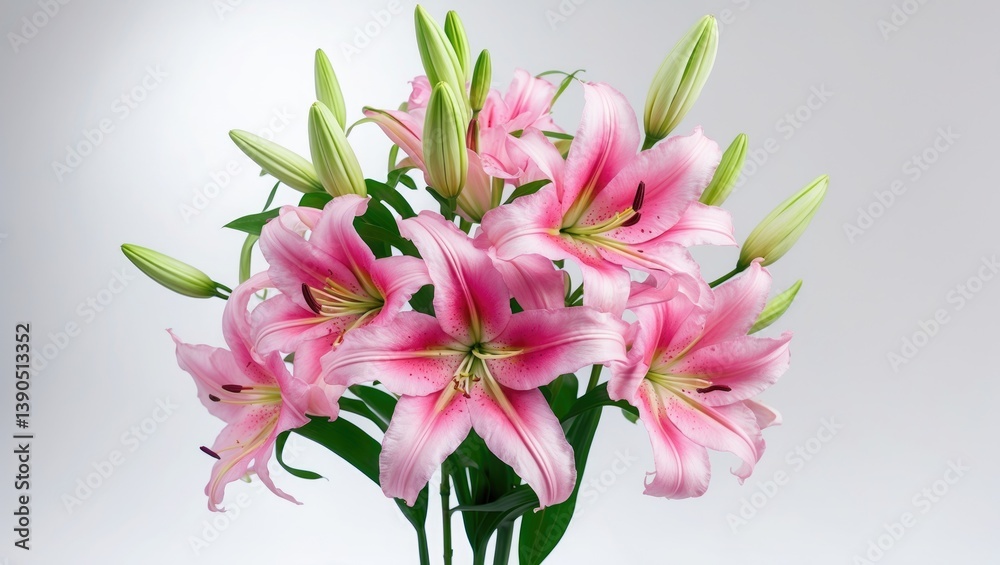 Fototapeta premium Two pink lily blooms. Isolated on a background.