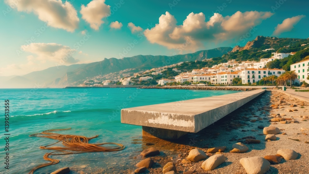 Sunny summer cityscape of a port featuring an unoccupied concrete pier. Warm afternoon scene of a seaside resort. Picturesque outdoor landscape. Travel concept backdrop.
