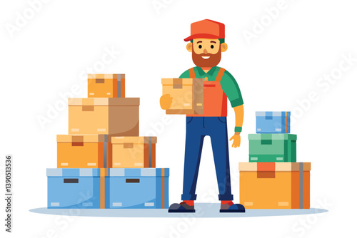 A warehouse worker with a beard and cap is arranging boxes of various colors and sizes, contributing to a streamlined packing process.