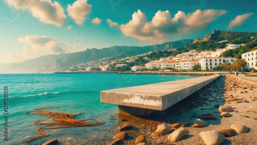 Obraz na płótnie Sunny summer cityscape of a port featuring an unoccupied concrete pier. Warm afternoon scene of a seaside resort. Picturesque outdoor landscape. Travel concept backdrop. w salonie