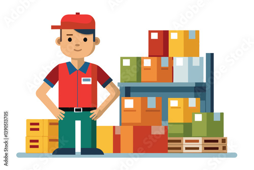 A warehouse worker wearing a red uniform and cap stands proudly with hands on hips in front of colorful boxes on shelves, representing a productive work environment.