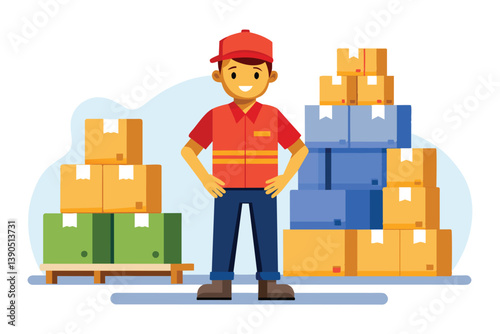 A warehouse worker wears a red cap and uniform while posing with hands on hips next to colorful stacks of boxes on pallets in a well-lit distribution area.