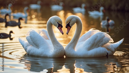 Fototapeta Naklejka Na Ścianę i Meble -  Two white swans in a loving embrace