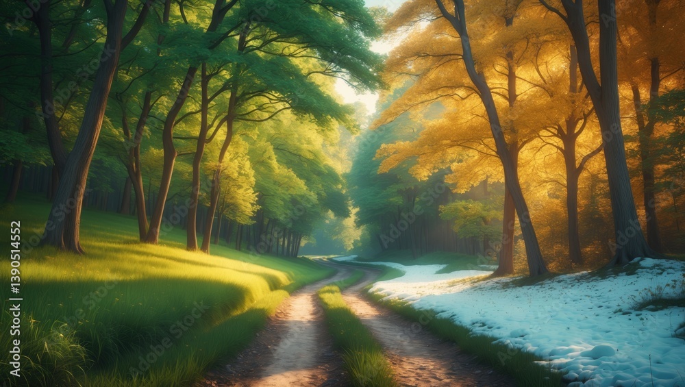 Summer and winter are merged in a single image. Transition of seasons. Snow and grass in the woods, a forest path extending into the distance of the woodland.