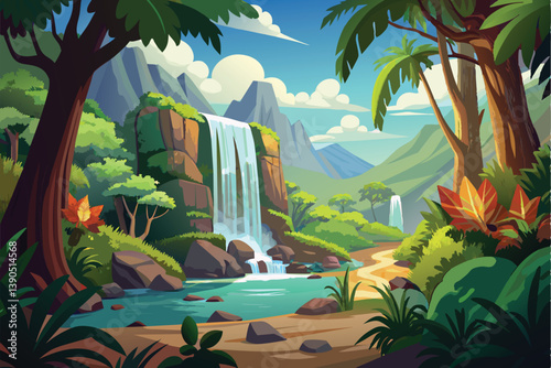 A breathtaking waterfall pours gently over rocky cliffs, surrounded by vibrant greenery and tropical plants, illuminated by the warm glow of sunset.