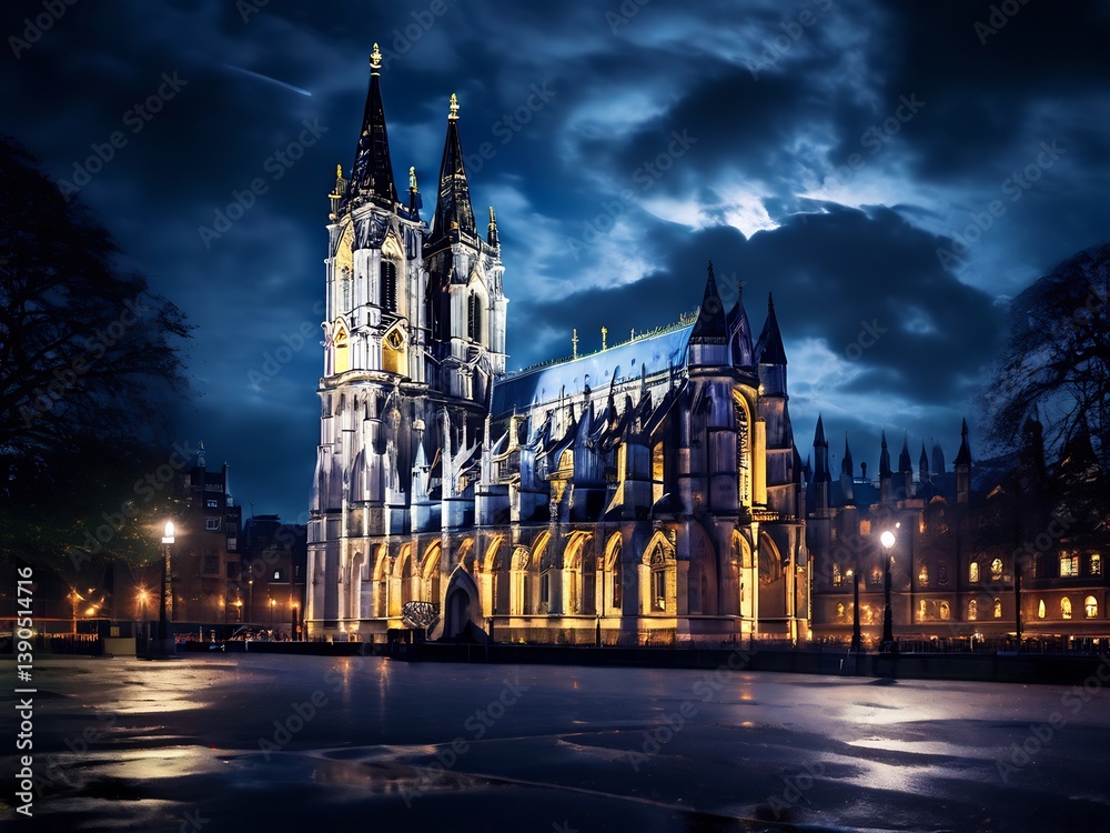 Obraz premium Illuminated Gothic Cathedral under a Dramatic Night Sky