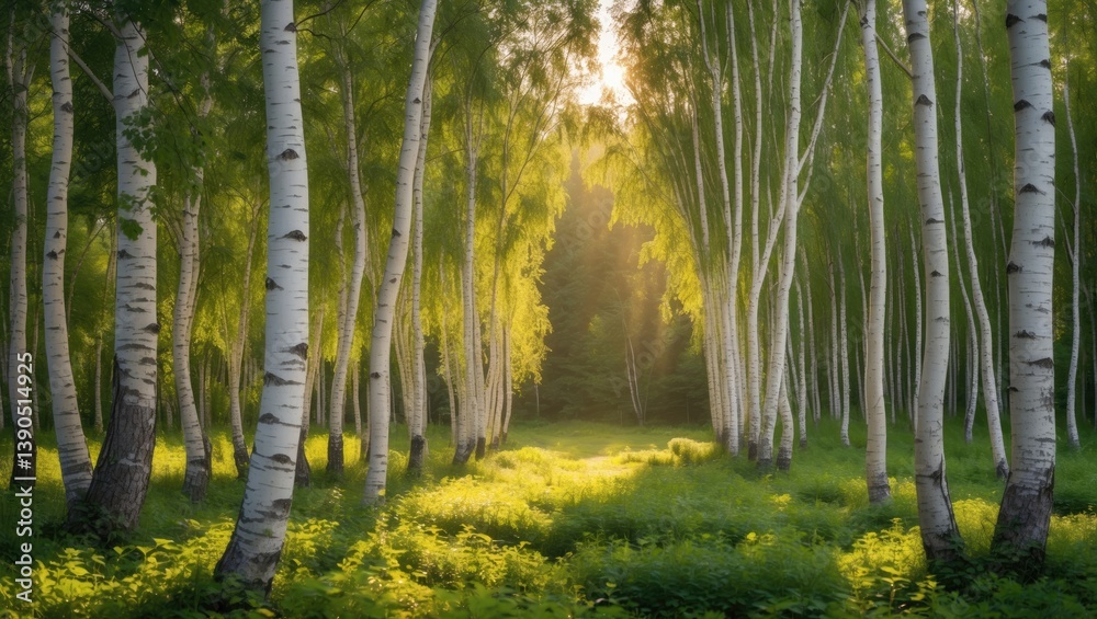 Obraz premium summer birch forest illuminated by the sun