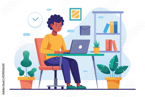 A person is focused on their laptop while seated at a stylish home office desk surrounded by plants and bookshelves, enjoying a productive daytime atmosphere.
