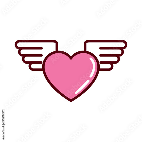 Flat Vector Illustration of a Cute Pink Heart with Angel Wings Symbolizing Love and Freedom