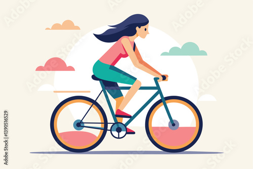 A woman cycling confidently on a stylish bicycle against a pastel background with gentle clouds, enjoying a sunny day in a vibrant, artistic style.