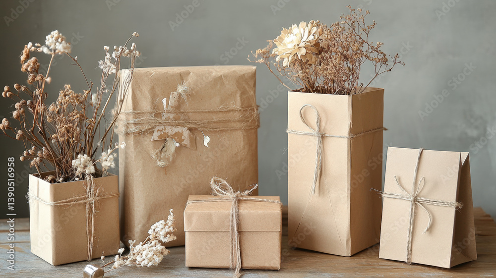 Eco-friendly kraft paper gift boxes with dried flowers and twine on neutral background minimal decor