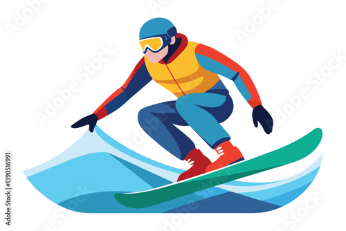 A snowboarder in vibrant gear jumps over a stylized wave, showcasing skill and excitement in a winter environment under clear blue skies.