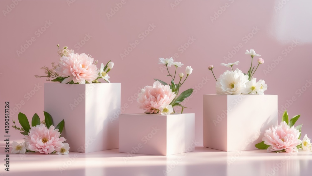 Set of three white podiums for showcasing cosmetics products with fresh spring flowers against a pastel pink backdrop.