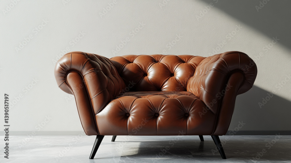 Classic brown leather armchair with deep tufting, rolled arms, modern legs, elegant sunlight and shadows