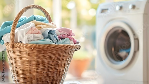 A woven basket filled with colorful, freshly laundered clothes next to a washing machine in a bright setting. Concept Woven Basket Display, Freshly Laundered Clothes, Washing Machine Scene