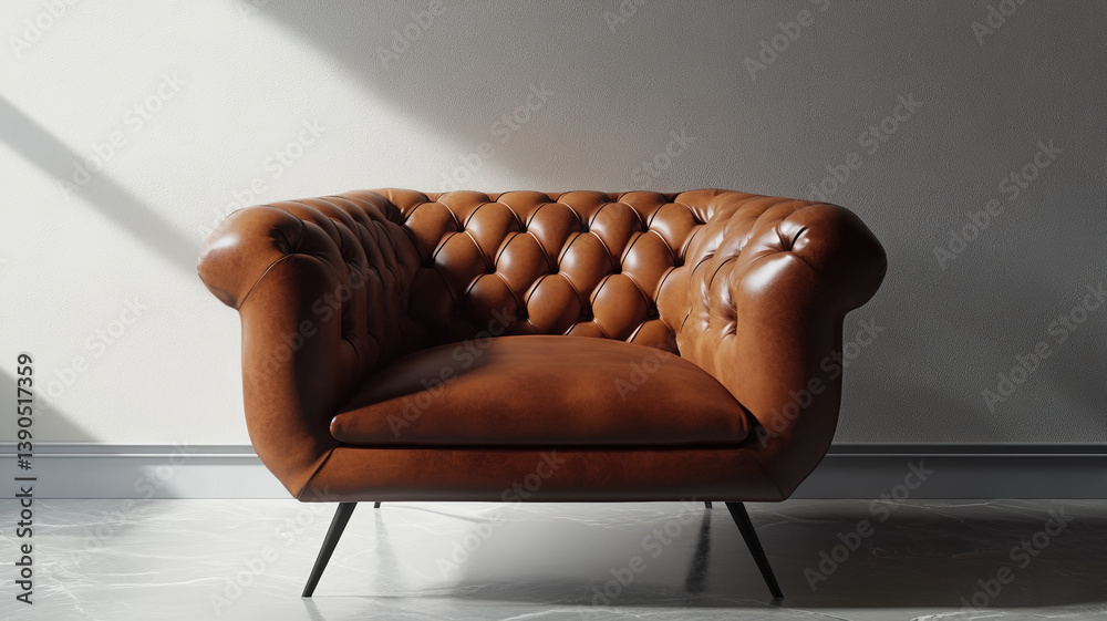 Classic brown leather armchair with deep tufting, rolled arms, modern legs, elegant sunlight and shadows