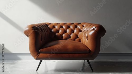 Obraz na płótnie Classic brown leather armchair with deep tufting, rolled arms, modern legs, elegant sunlight and shadows w salonie